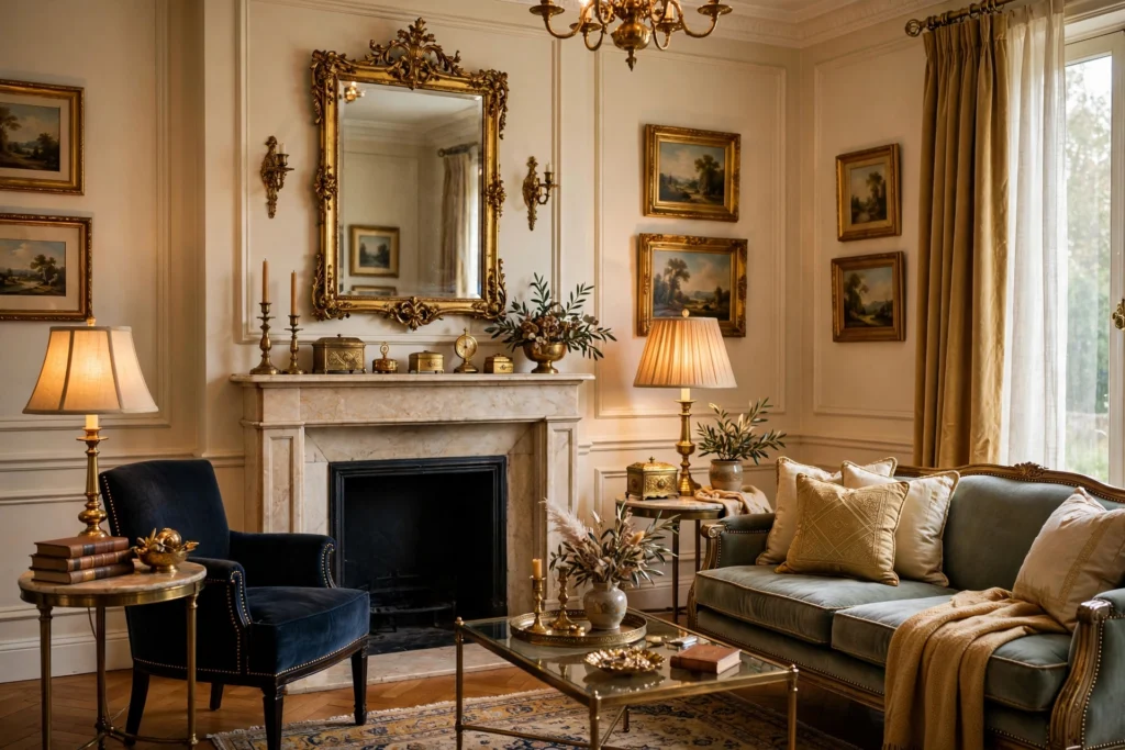 Traditional living room design ideas with brass and antique gold accents on lamps and frames