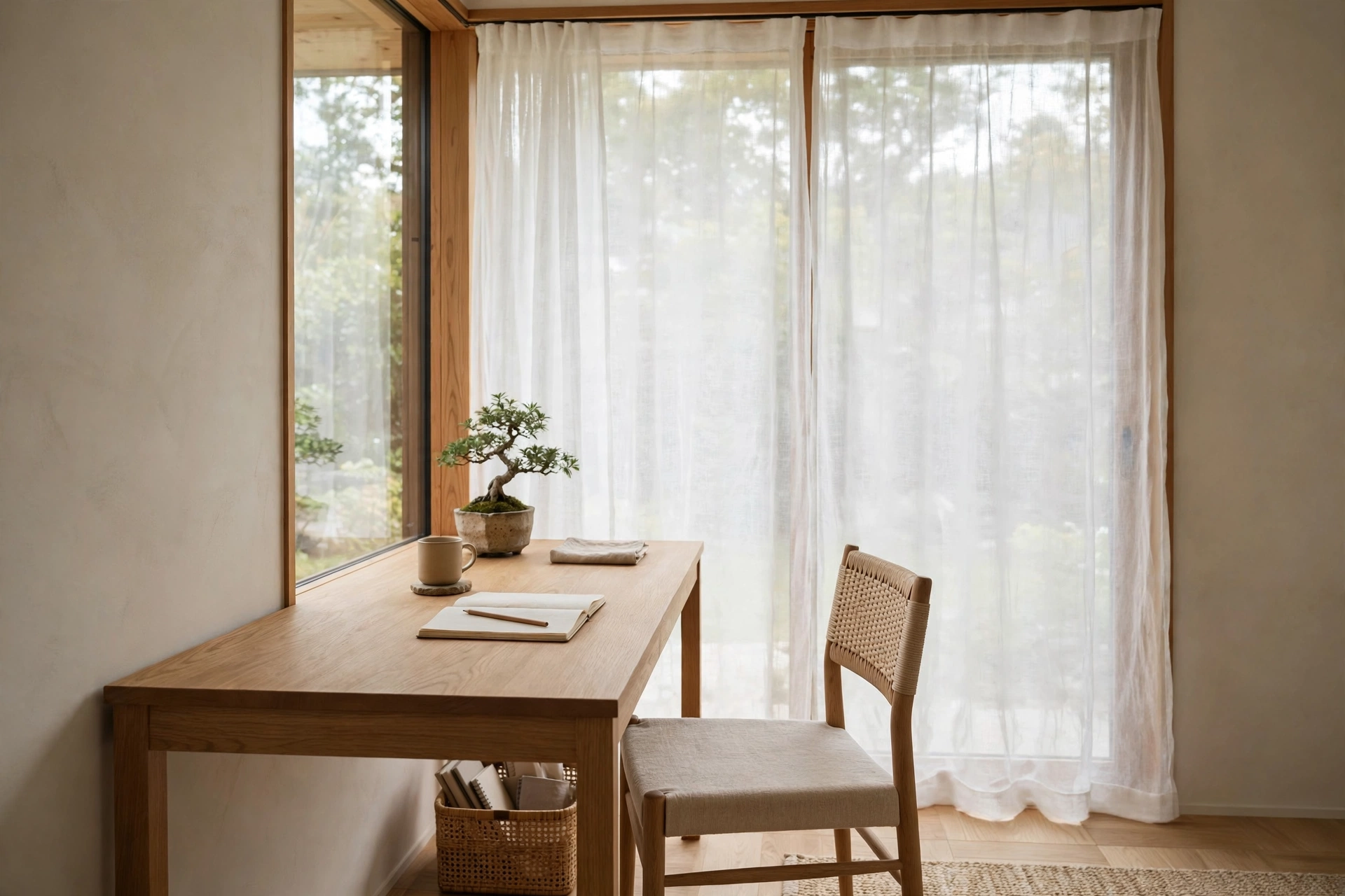 Wooden desk beside a window with sheer linen curtains in Japandi home office
