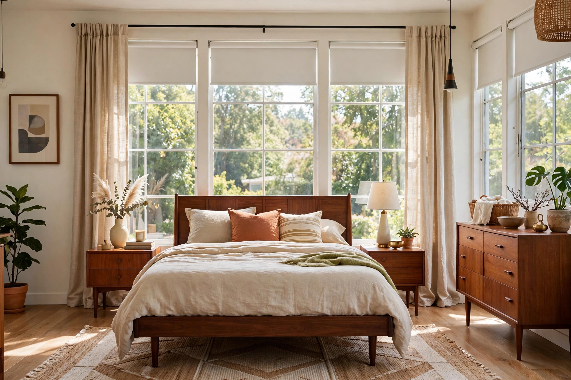 Mid-century modern bedroom with simple linen panels and clean roller shades framing large windows