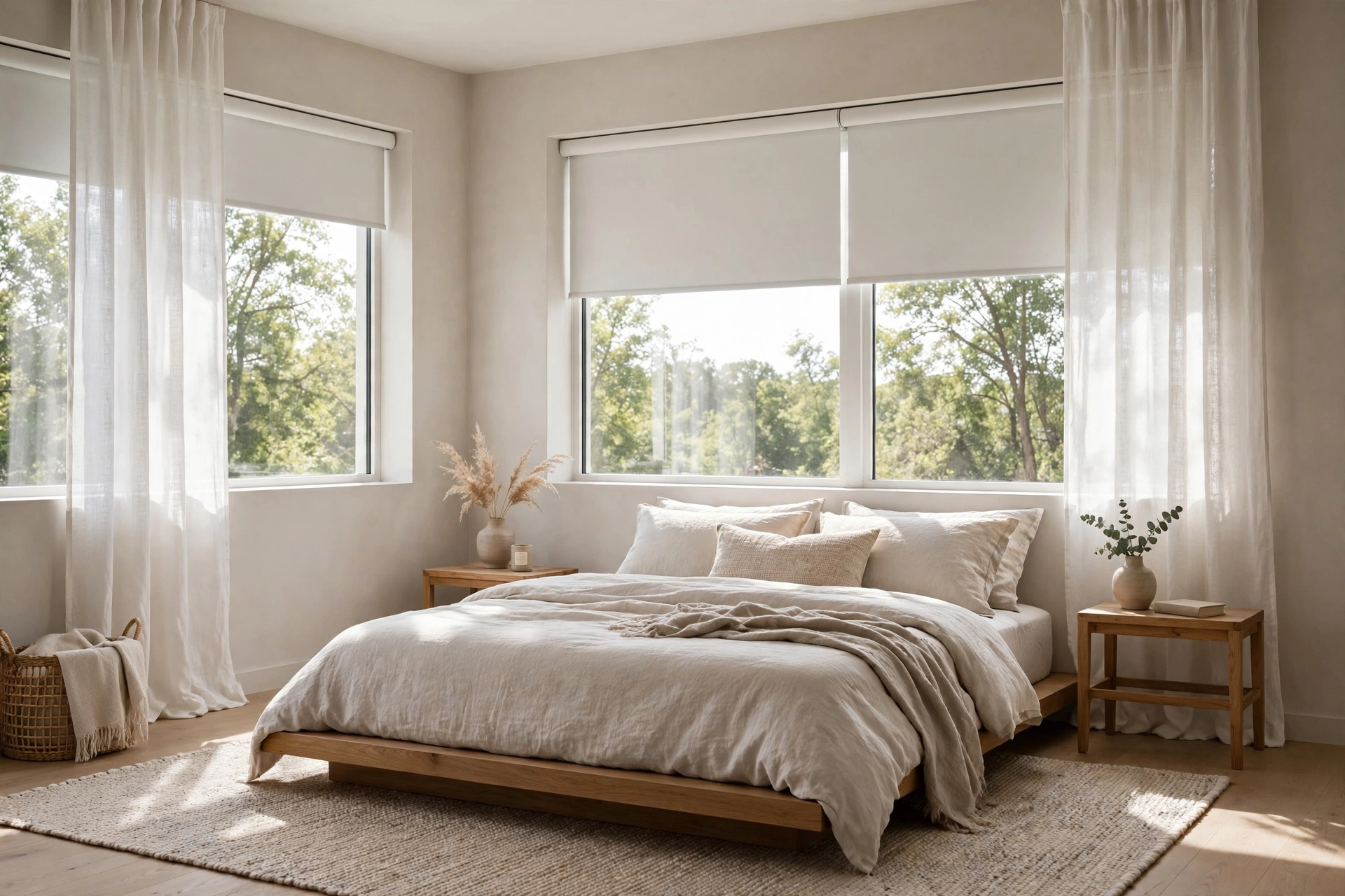 Contemporary bedroom with simple sheer linen panels and clean roller shades on large windows