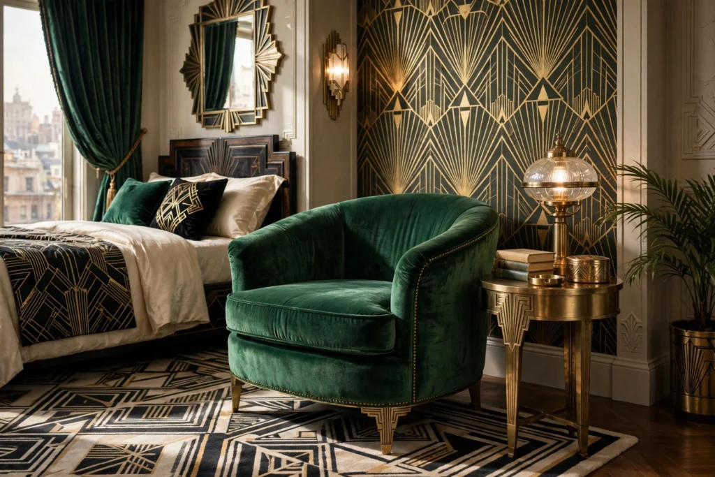 Art deco bedroom design ideas with a curved velvet armchair and brass side table