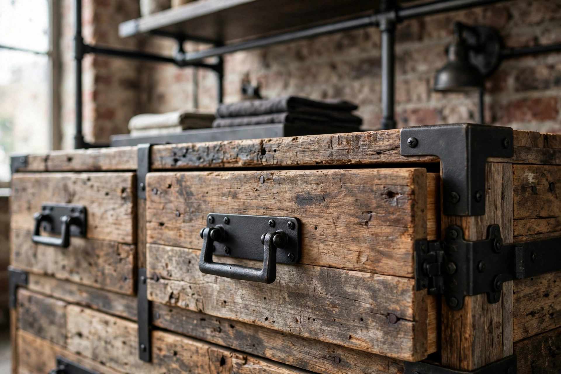 Matte black iron drawer pulls and hardware details on industrial bedroom furniture