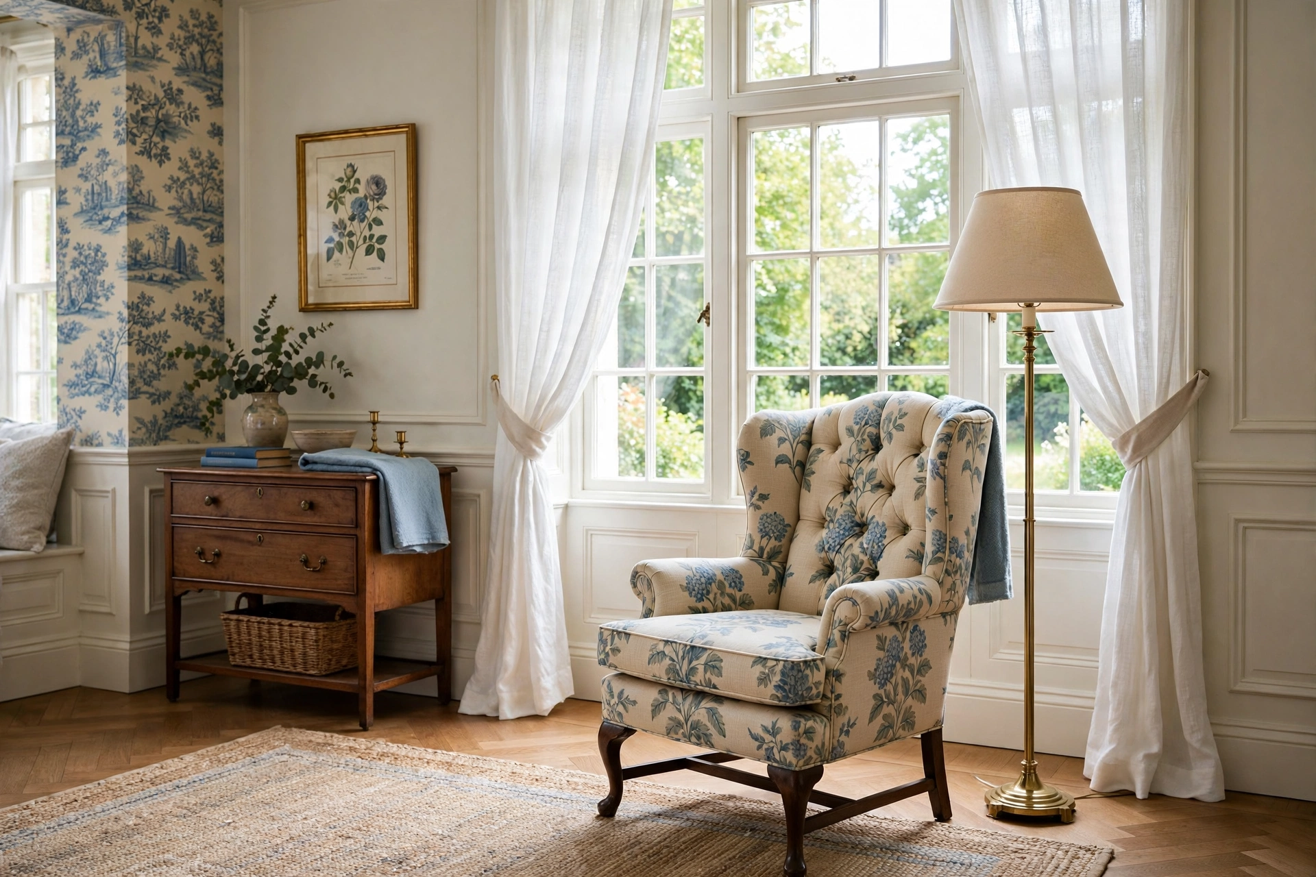Traditional bedroom design ideas with a wingback reading chair by the window