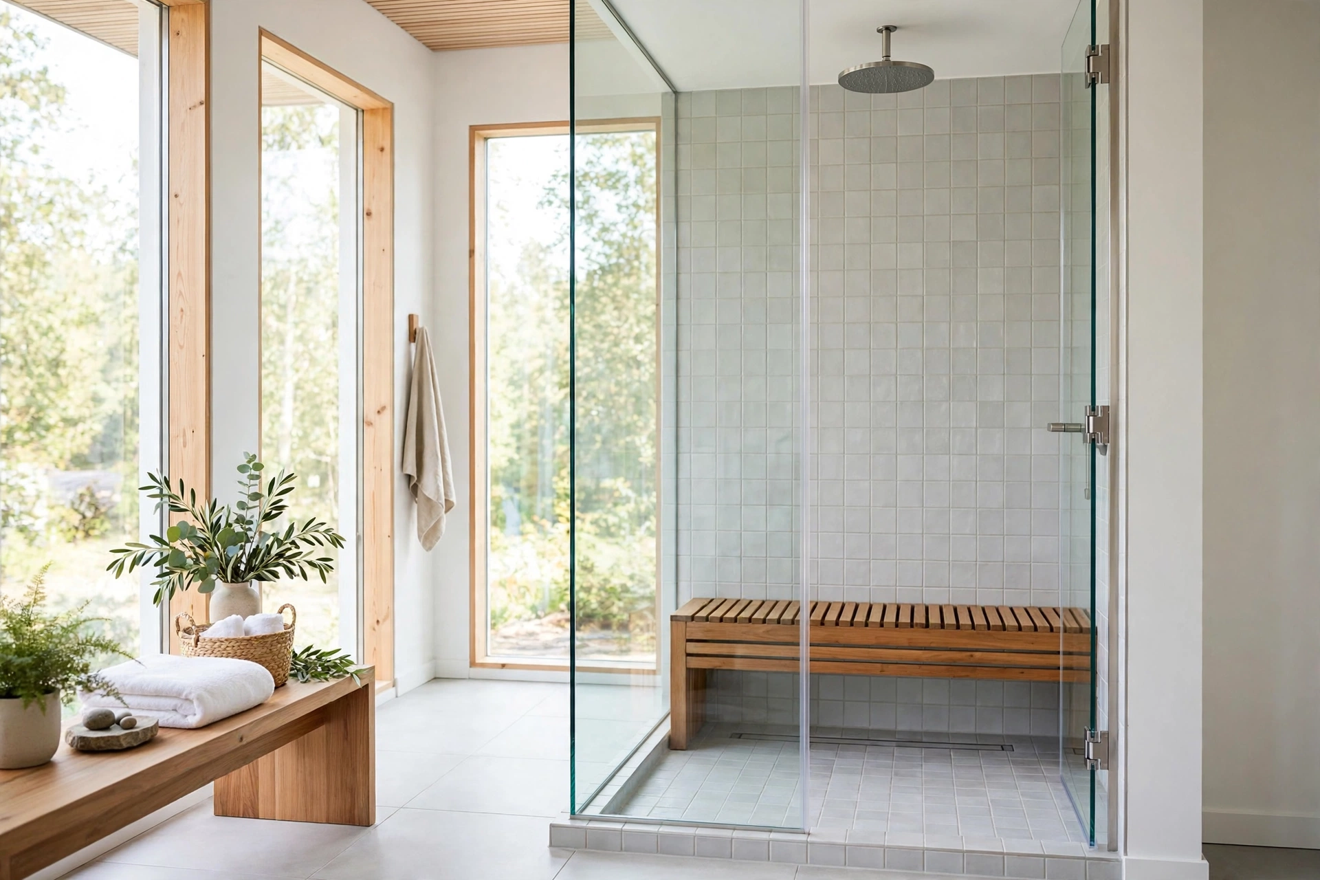 Scandinavian bathroom design ideas with a frameless glass walk-in shower and linear drain