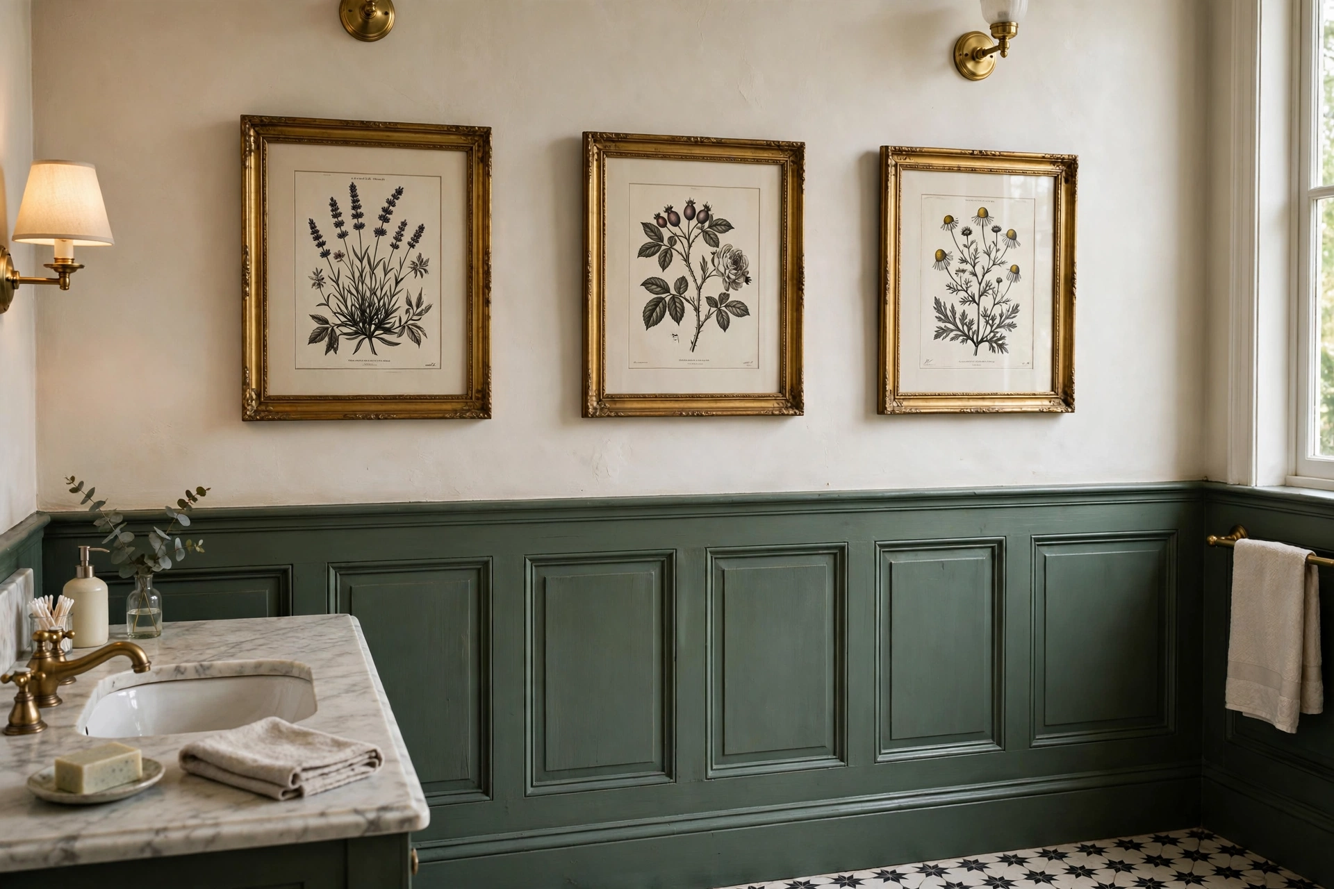 Traditional bathroom with framed botanical prints and gilt frame artwork on walls