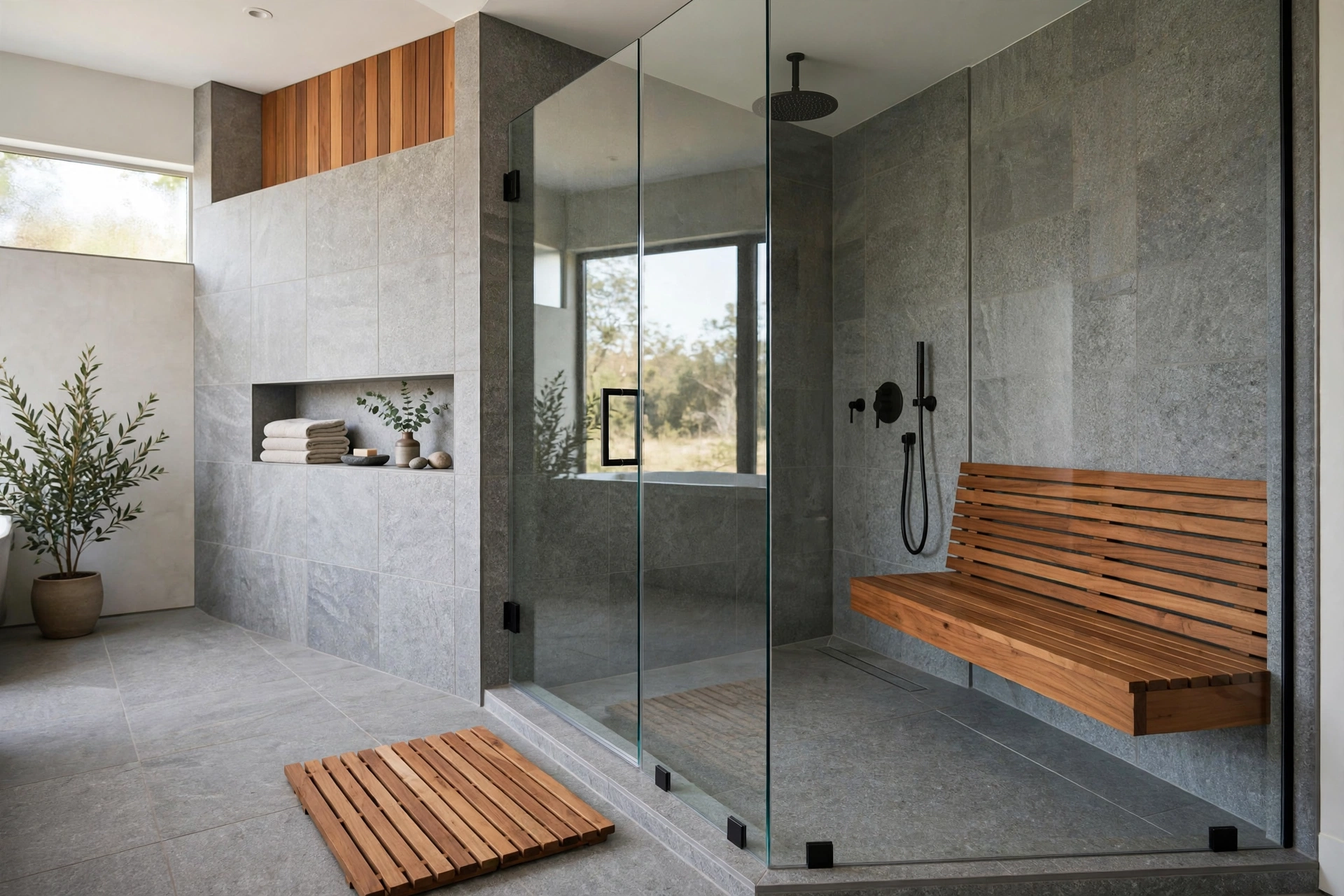Walk-in shower with teak bench and wood accents softening stone and glass