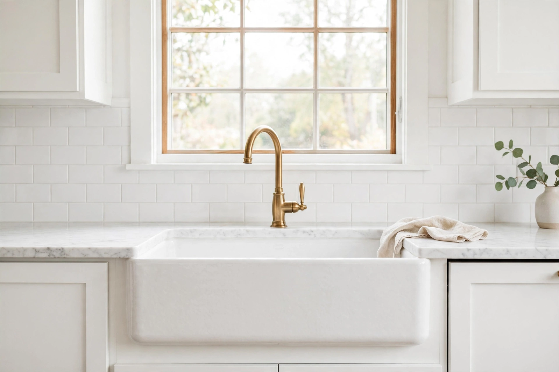 White fireclay farmhouse sink with brass faucet under a kitchen window