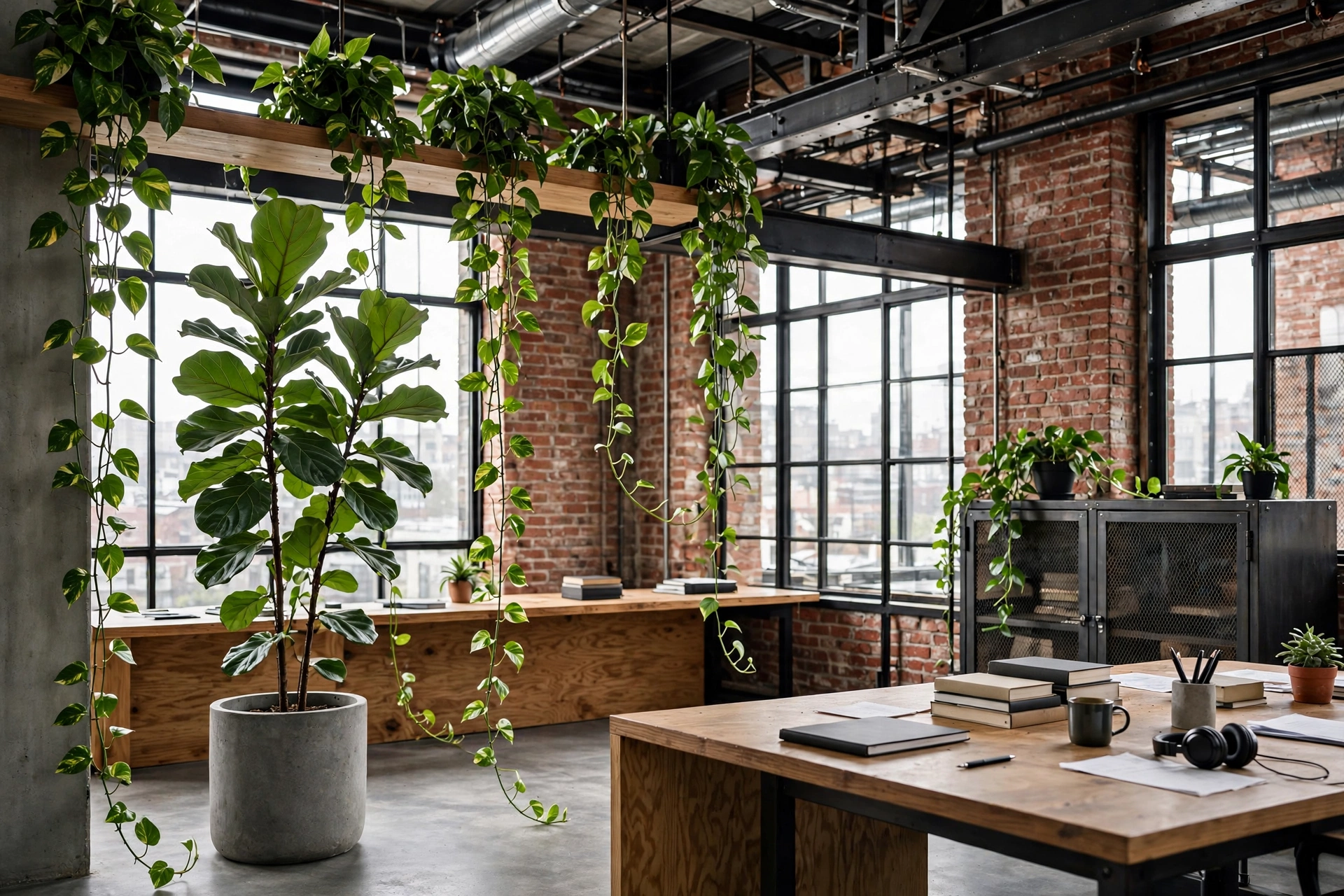 Fiddle-leaf fig and trailing pothos softening an industrial home office with steel and brick