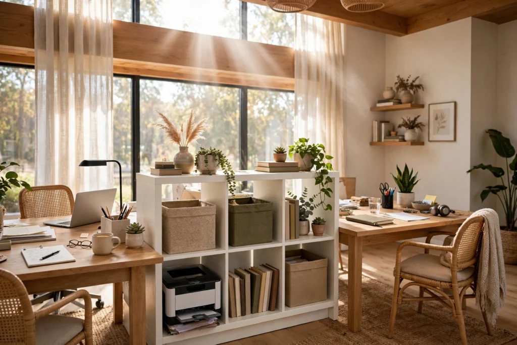Low cube partition shelf dividing two desks in a stylish shared home office