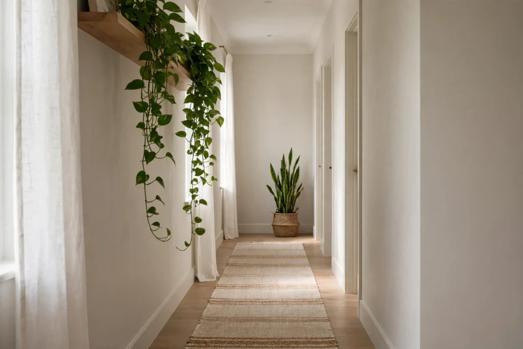 Tall snake plant and trailing pothos greenery styling a bright hallway