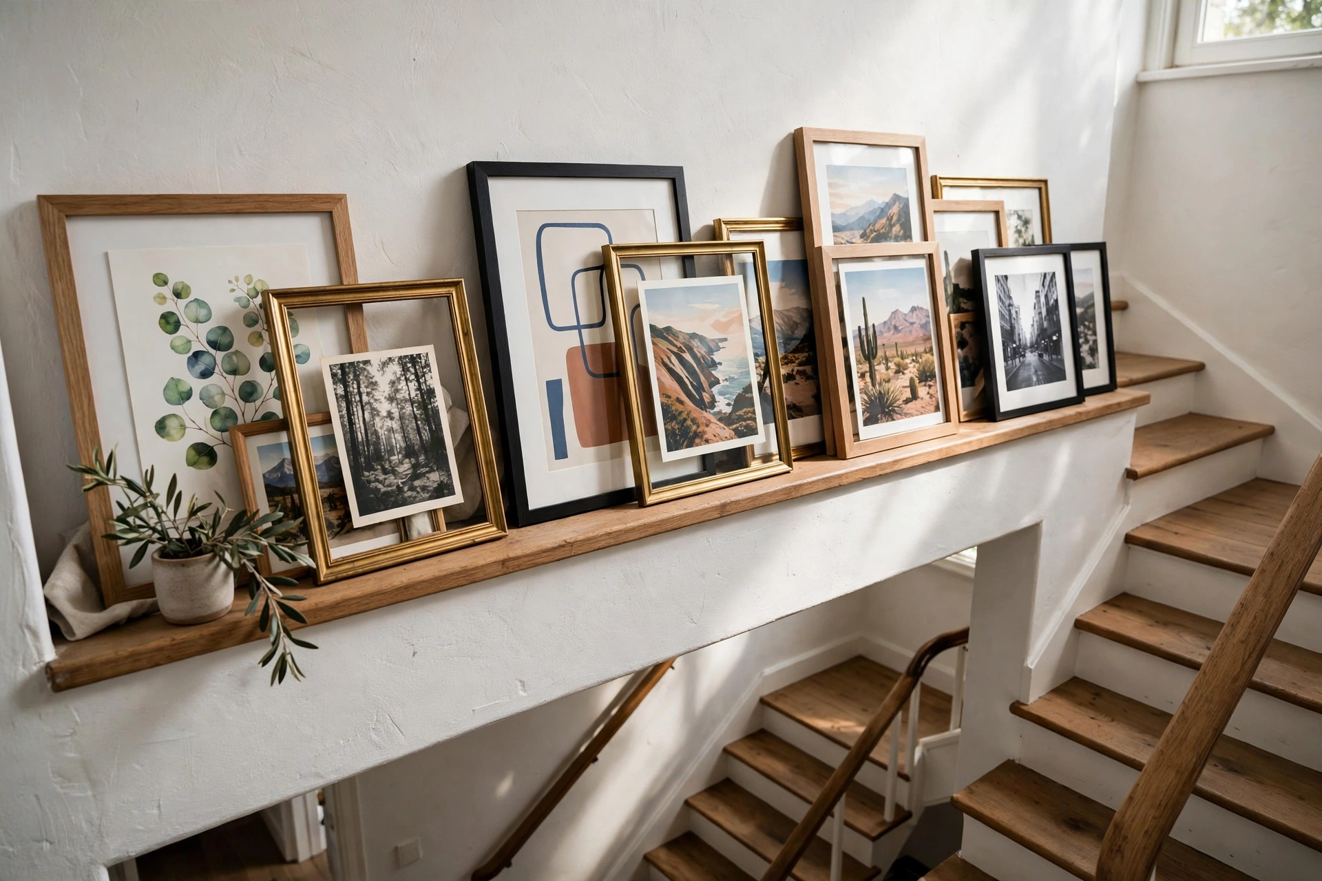 Casually layered and overlapping picture frames in black, brass and wood leaning on a stairwell picture ledge