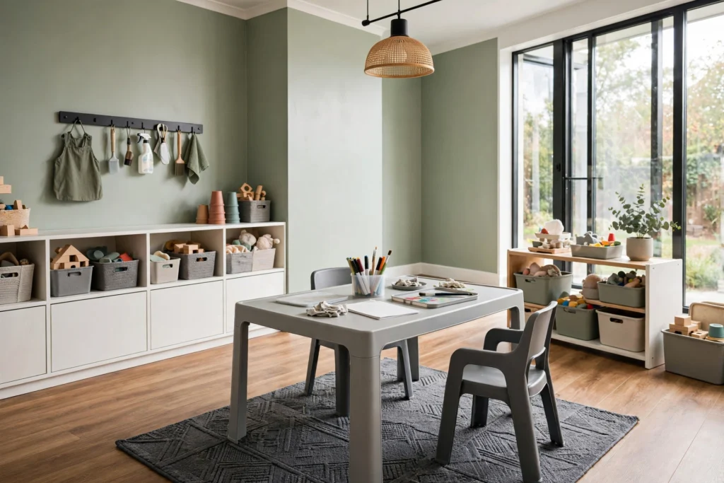 Playroom design ideas with durable wipeable surfaces, washable paint and vinyl floor