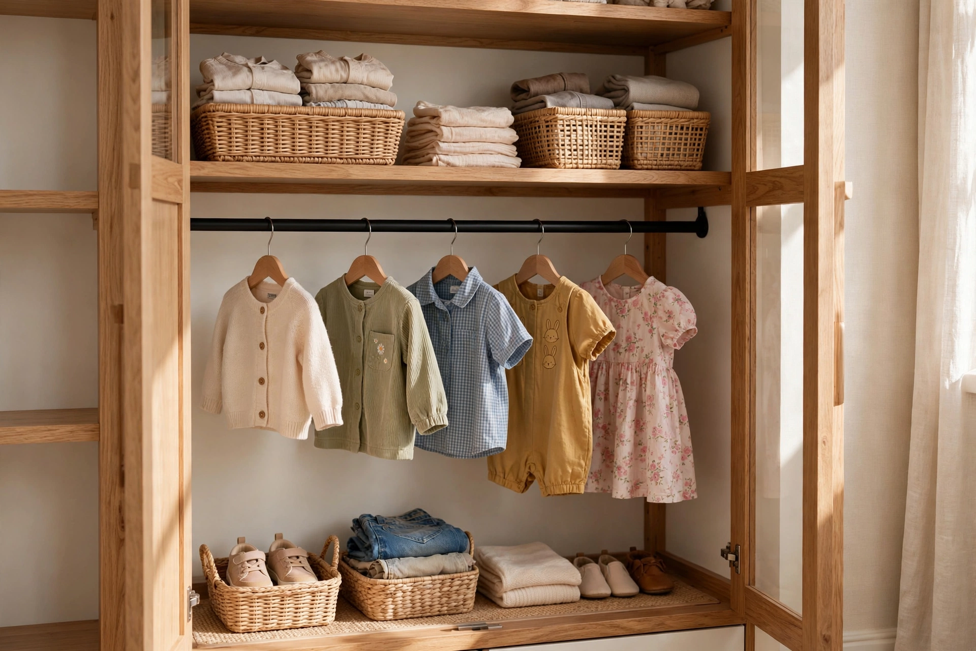 Toddler bedroom design ideas with a low closet rod holding toddler clothes in reach