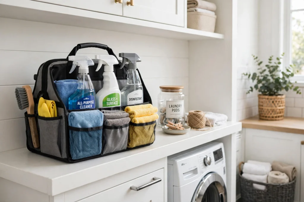 Portable cleaning supply caddy with spray bottles and cloths on a laundry room shelf