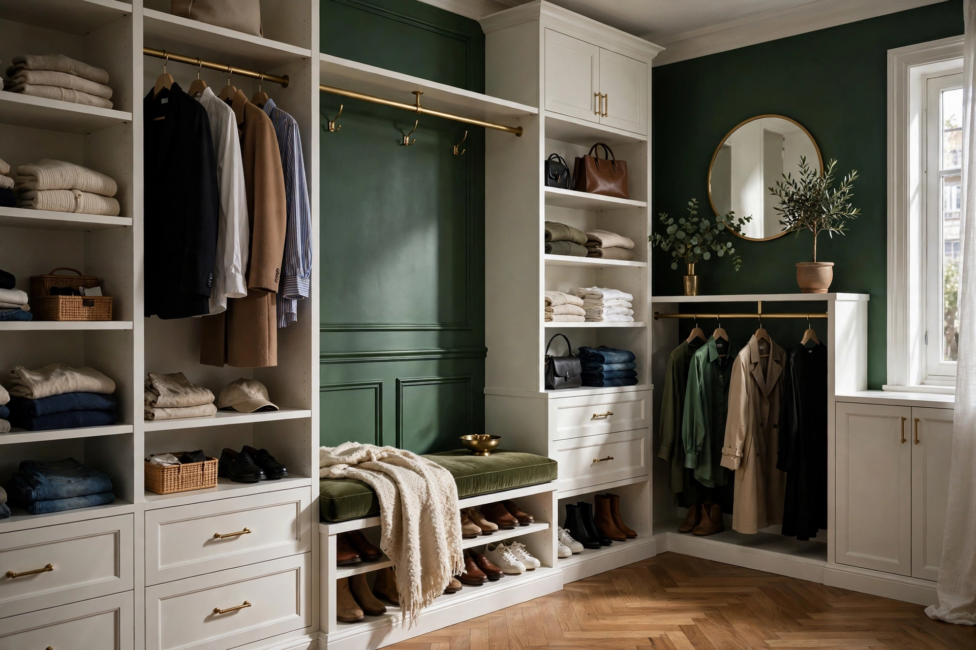 Walk-in closet with deep green walls, white built-ins and brass hardware