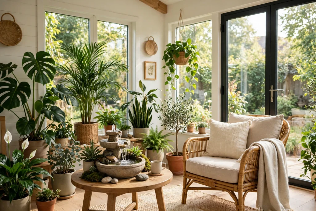 Sunroom with a small tabletop water fountain among plants beside the seating