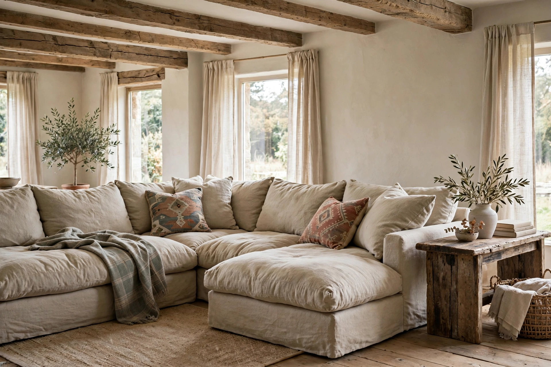 Oversized deep linen sectional with plush cushions in rustic living room