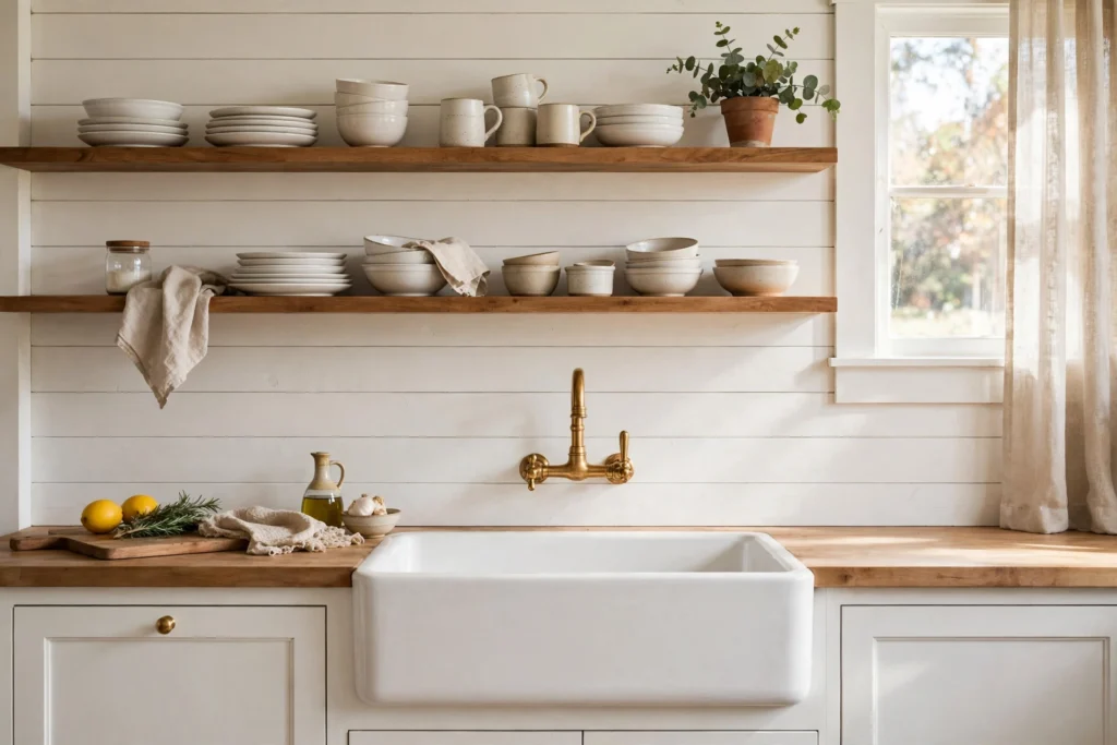 Kitchen backsplash ideas with painted white shiplap paneling behind a farmhouse sink.