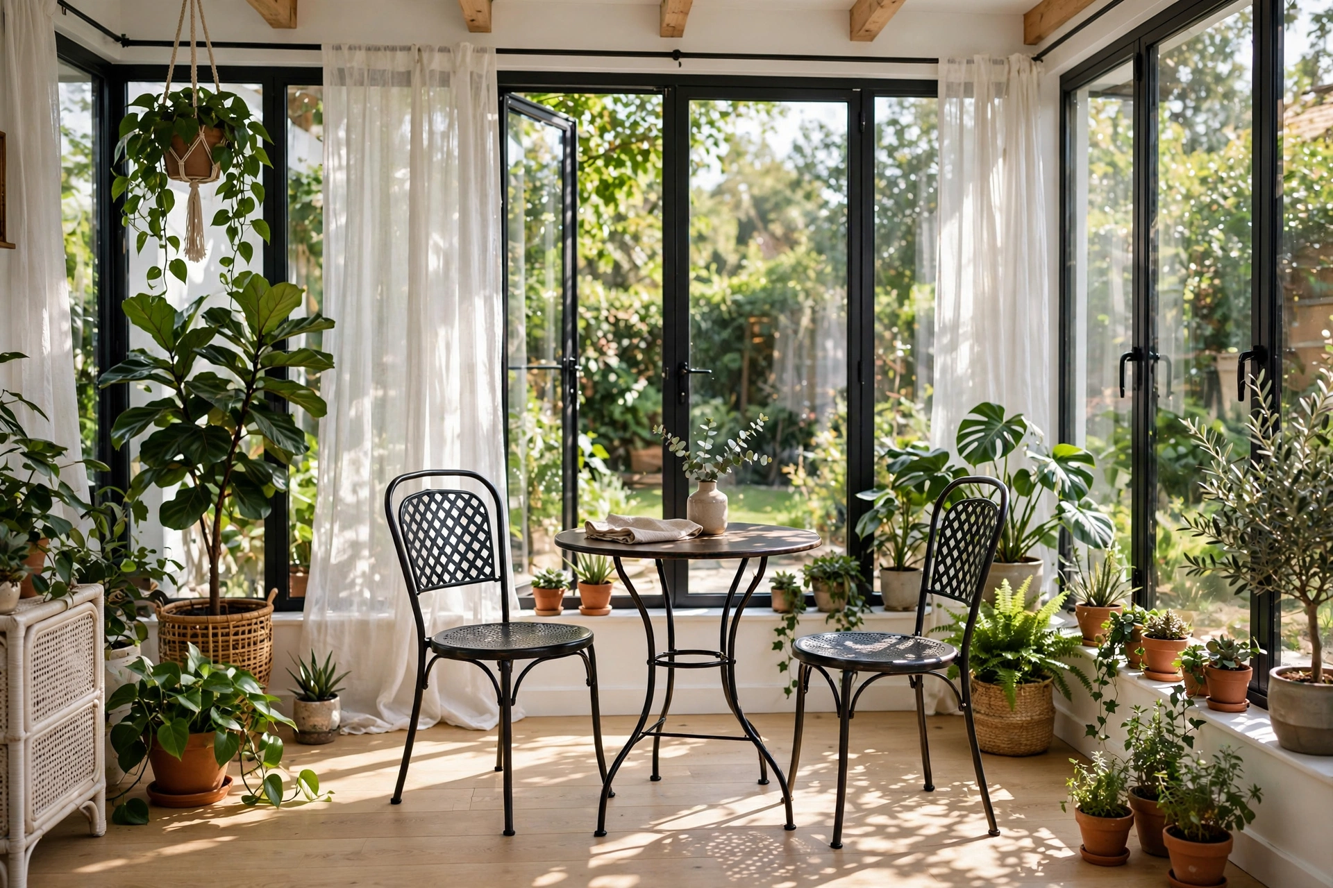 Breakfast nook ideas with a bistro set in a bright sunroom surrounded by plants.