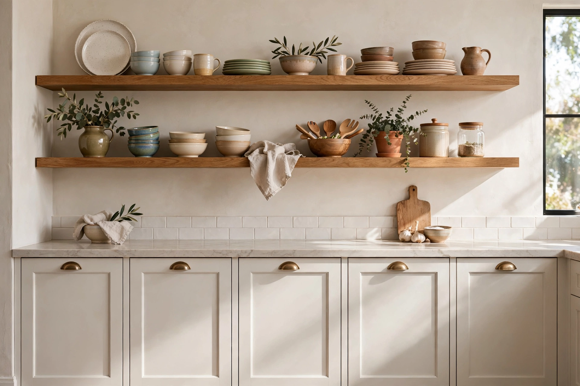 Open kitchen shelving ideas with mixing open shelves with closed cabinets in one kitchen.