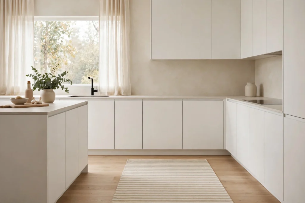 Kitchen rug ideas with a neutral cream striped runner in a minimalist kitchen.