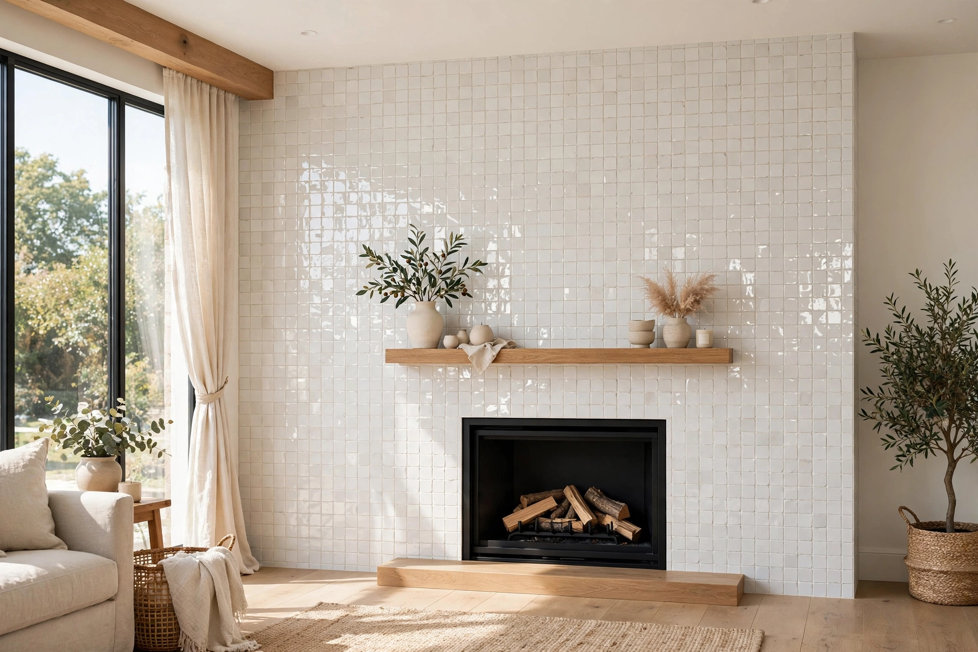 Living room accent wall ideas with floor-to-ceiling zellige tile around a fireplace and a simple styled mantel.