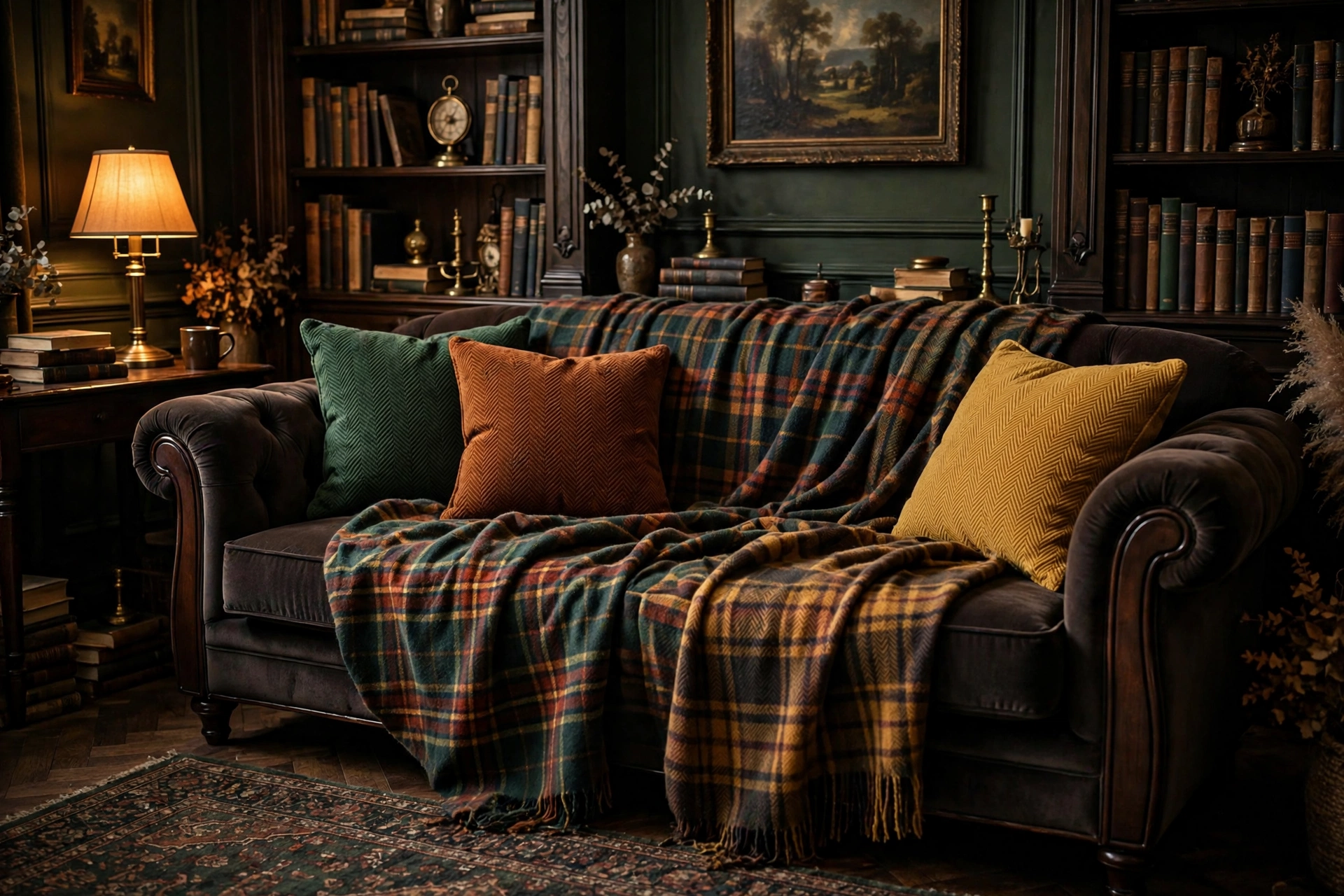 Dark academia living room sofa layered with plaid wool throws and herringbone cushions in forest and rust tones.