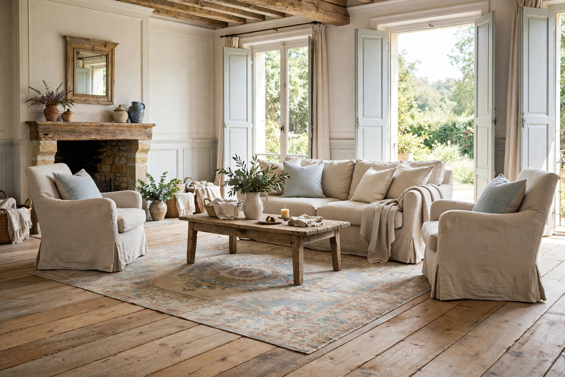 French country living room with wide-plank wood floors and a faded vintage rug under the seating area.