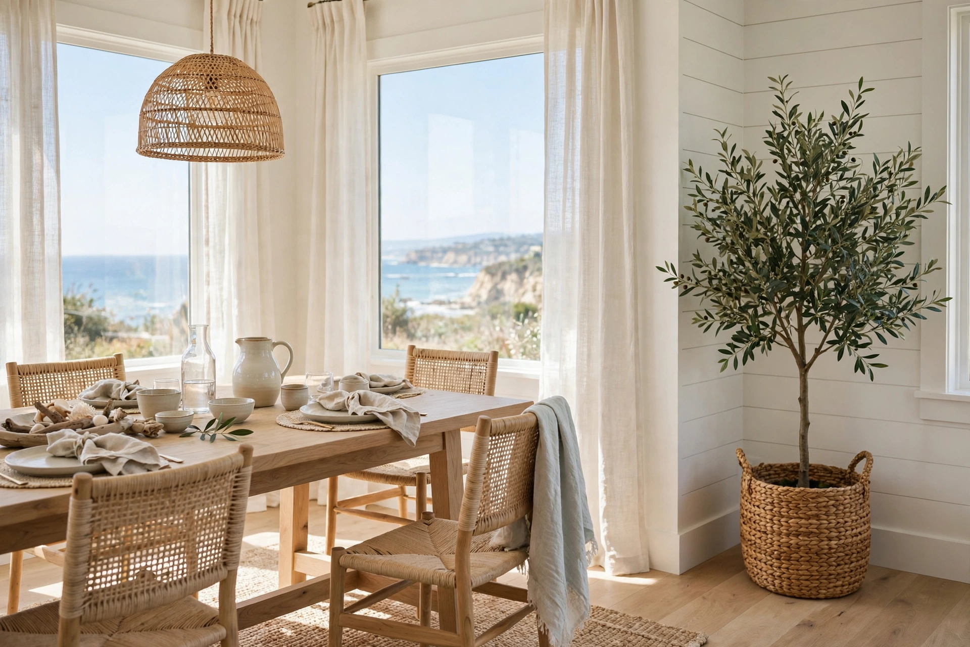 Coastal dining room ideas with an olive tree in a woven basket brightening the corner of a coastal dining room.