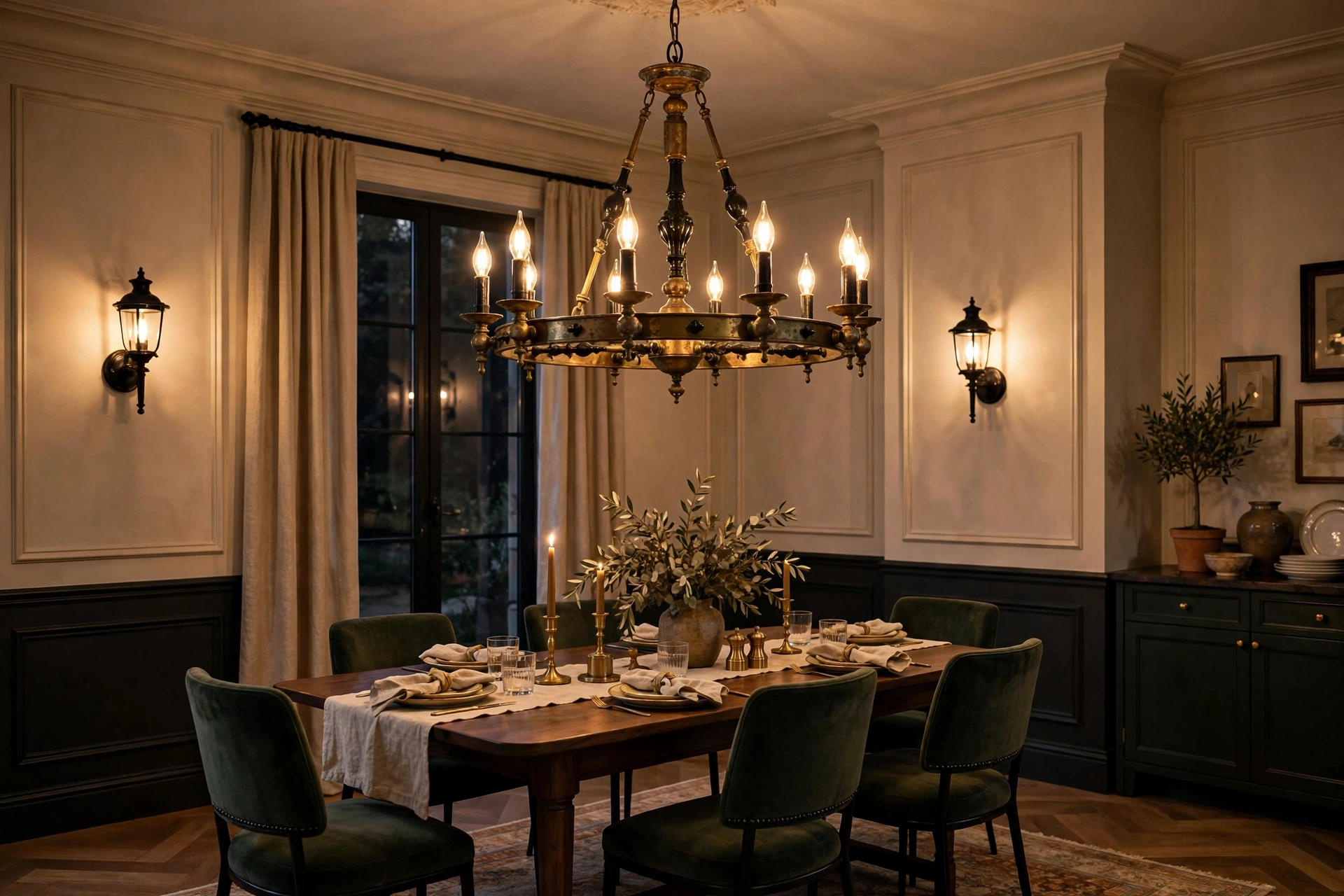 Dining room lighting ideas with an aged brass chandelier mixed with black sconces in an elegant dining room.