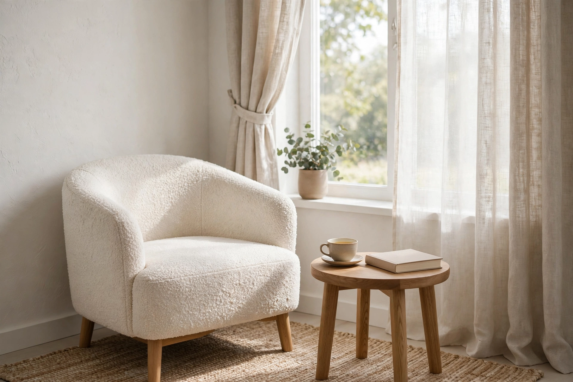 Off-white boucle armchair by a bright window with tea cup and book in a calm corner