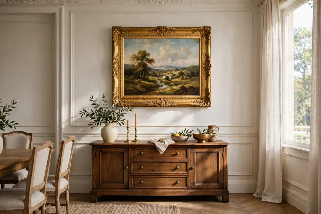 Gilded framed oil landscape painting hanging above a traditional sideboard in an elegant dining room.