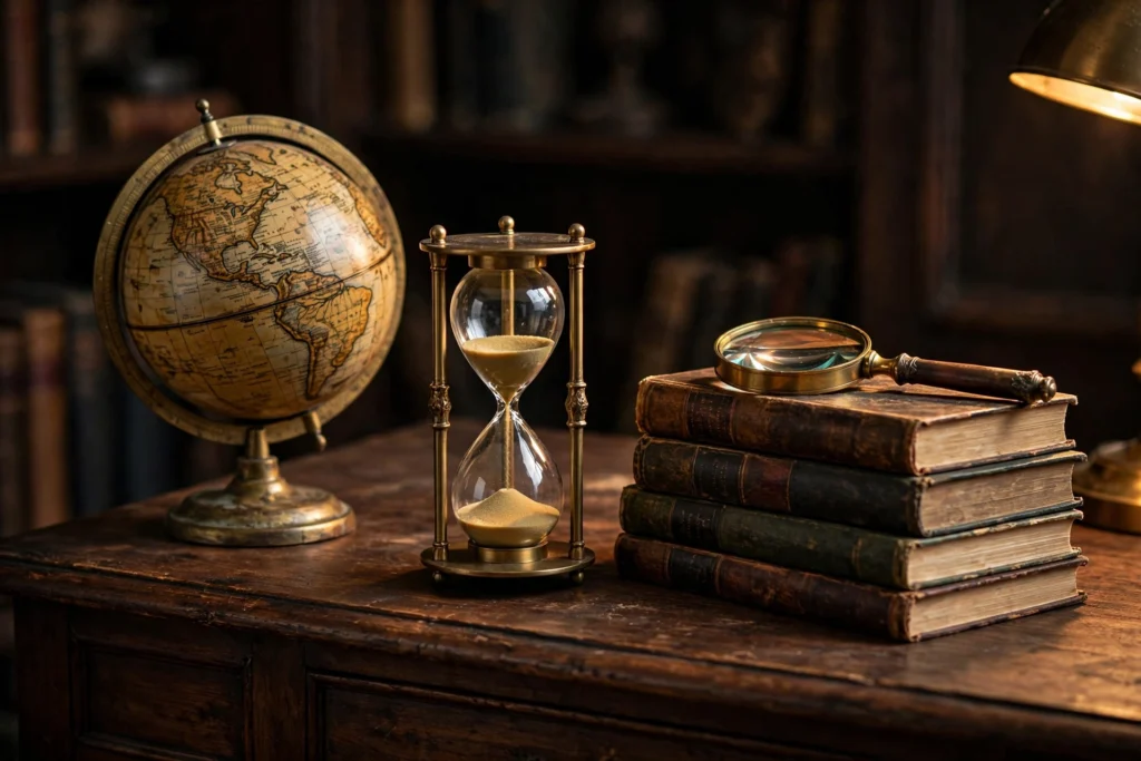 Dark wood desk styled with an antique globe, hourglass, magnifying glass, and stacked vintage books.