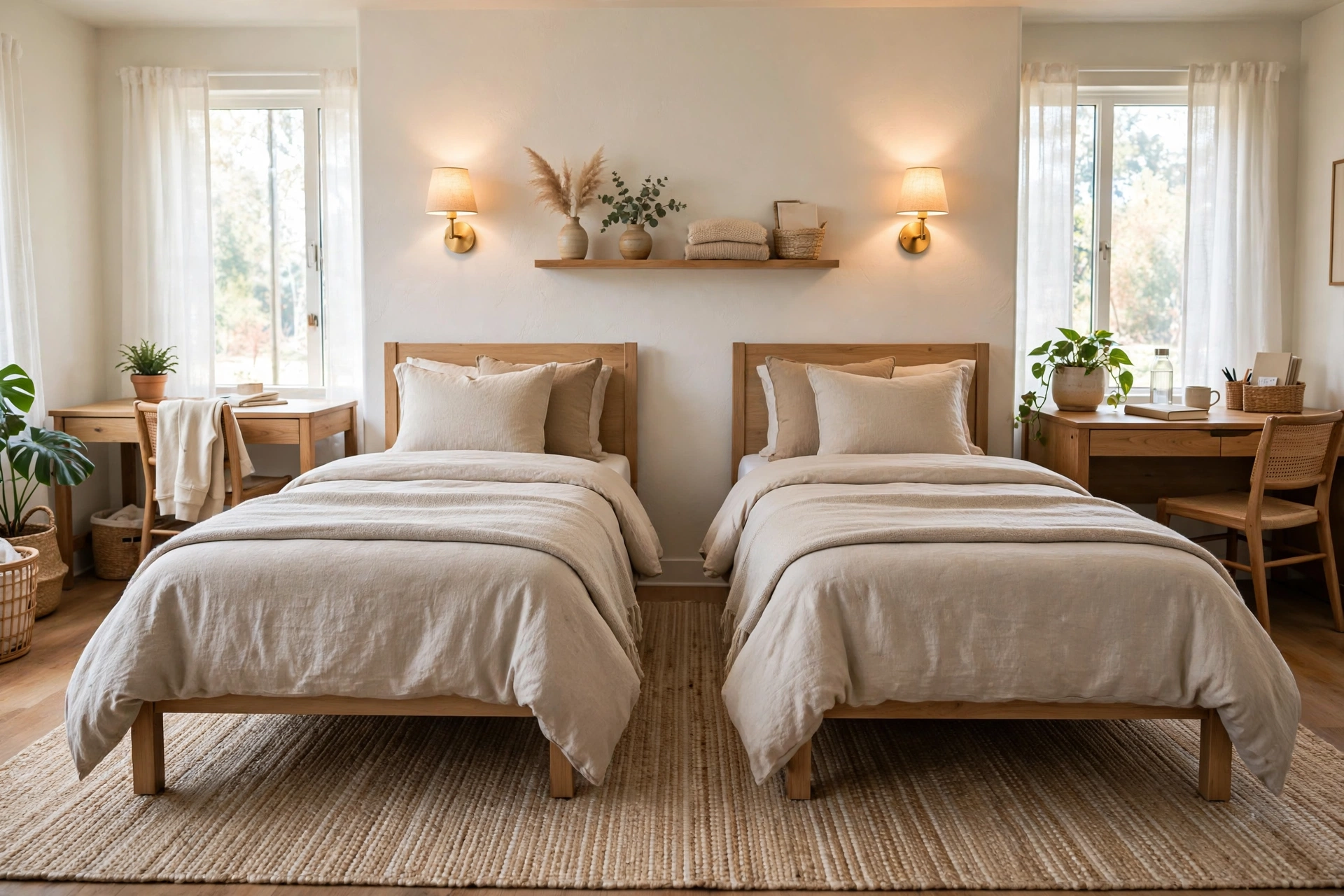 Shared dorm room with coordinating neutral bedding, a rug spanning both beds, and matching warm lighting.