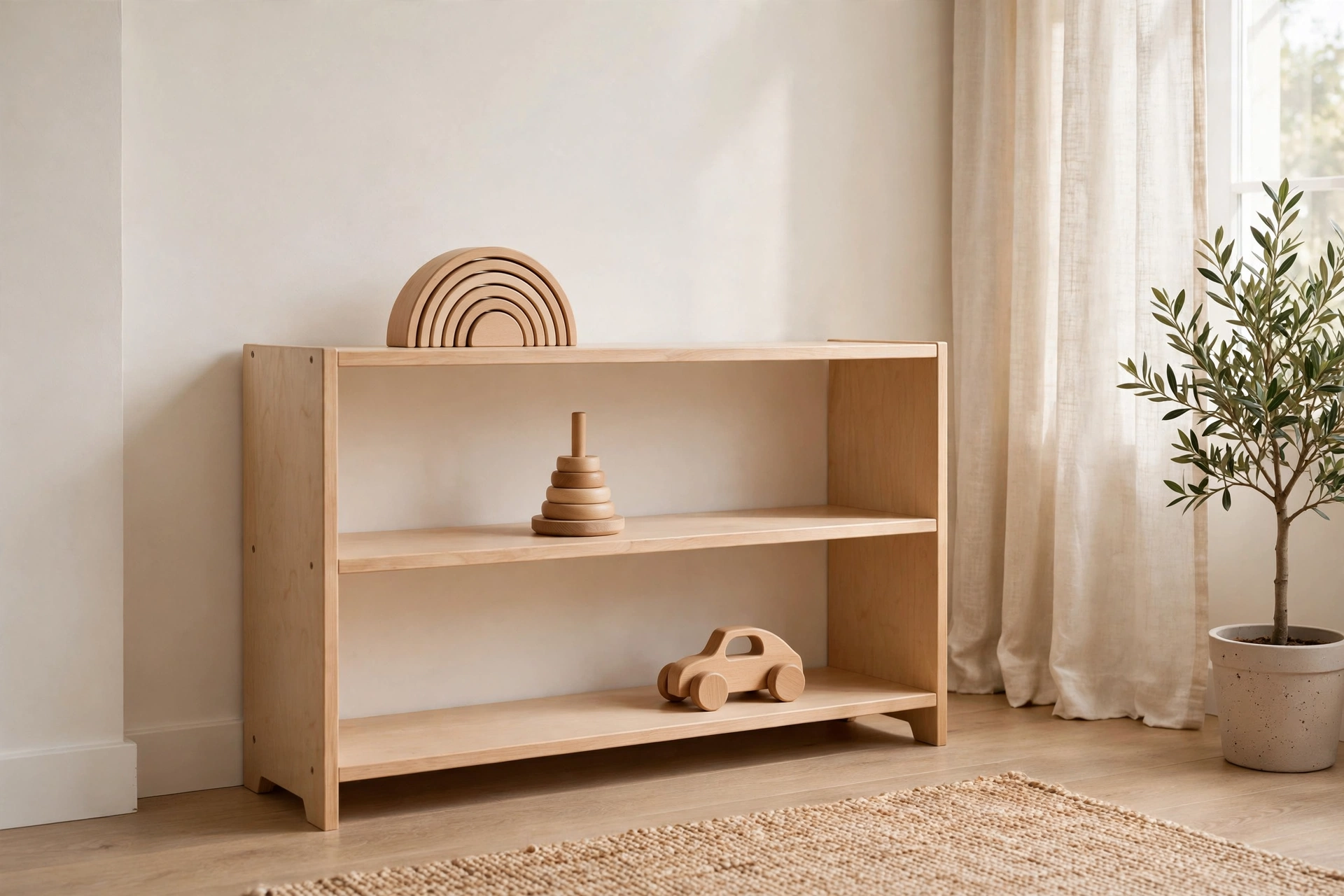 Minimalist montessori shelf with just a few wooden toys displayed with space around each one in a calm room.
