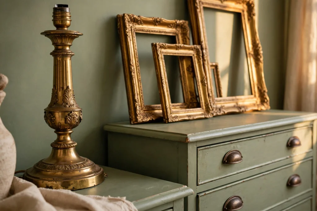 Close-up of brass lamp base, antique gold picture frames, and bronze drawer pulls in a sage green bedroom.