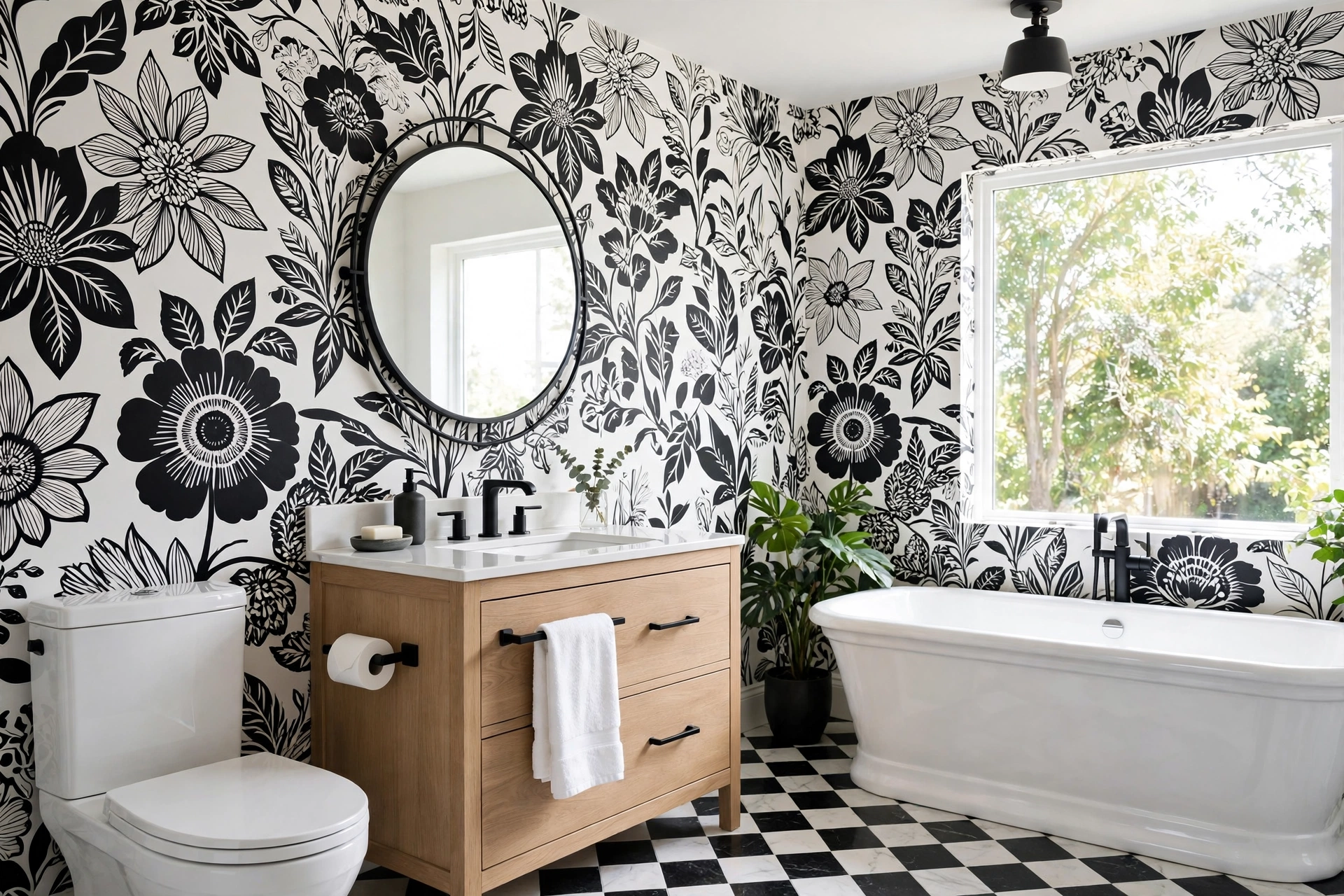 Black and white bathroom wallpaper with a bold graphic floral print and black fixtures.