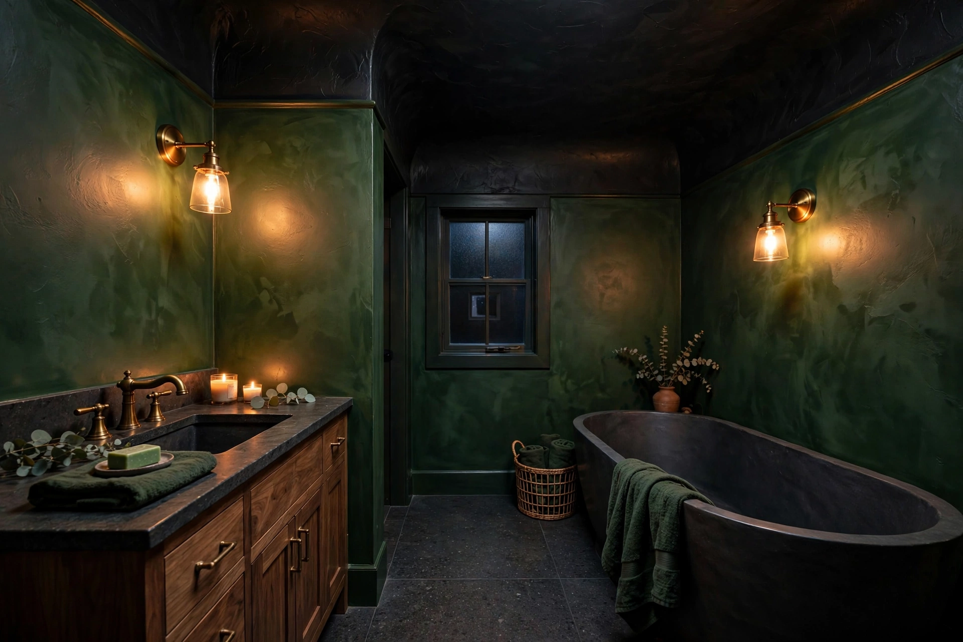 Moody bathroom with a dark charcoal painted ceiling and deep green walls for a cocooning effect.
