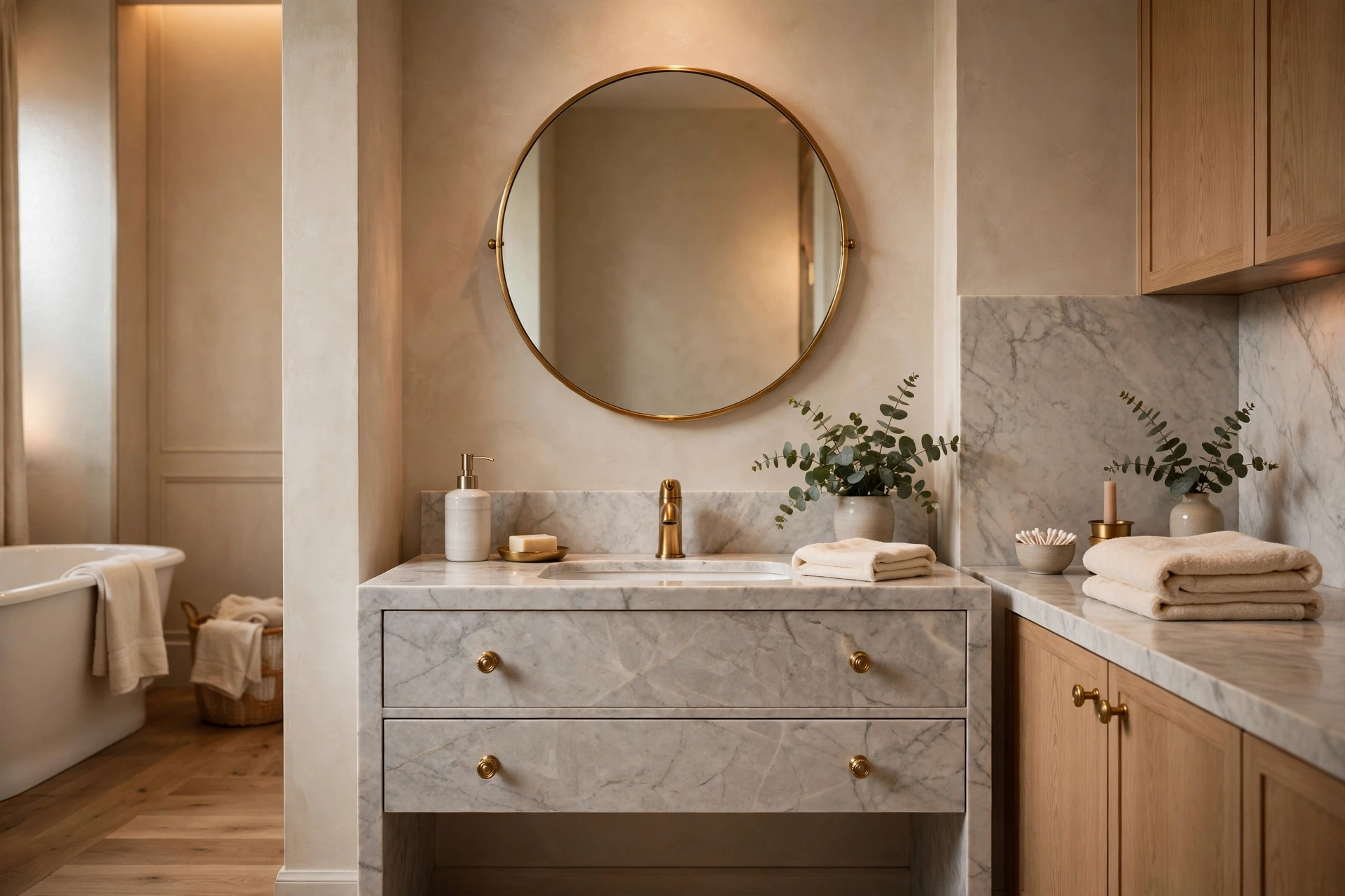 Thin brass-framed round bathroom mirror as warm jewelry-like accent above a marble vanity.