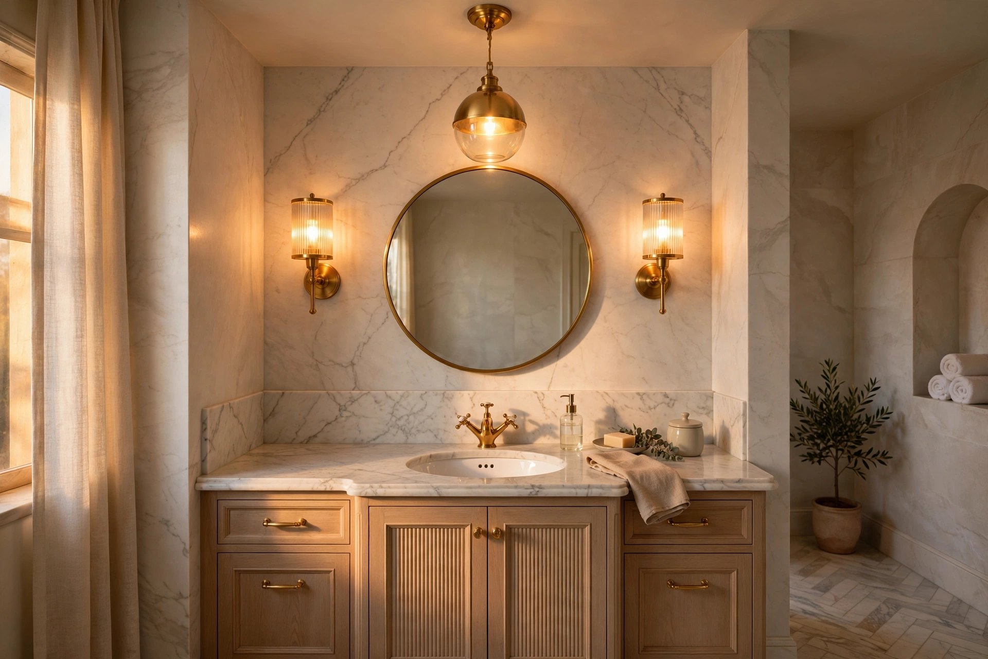 Warm brass bathroom sconces and pendant casting a golden glow that flatters skin and tile.