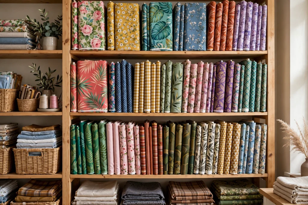 Fabric stored vertically like files on shelves in a craft room, every print visible at once.