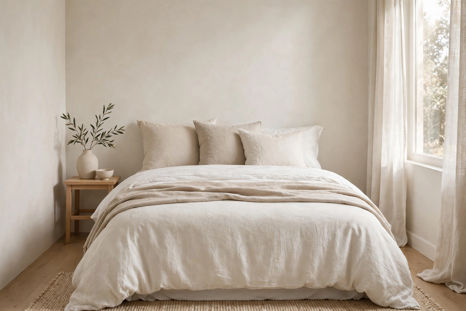 Monochrome ivory and beige bedding for visual calm in a small bedroom