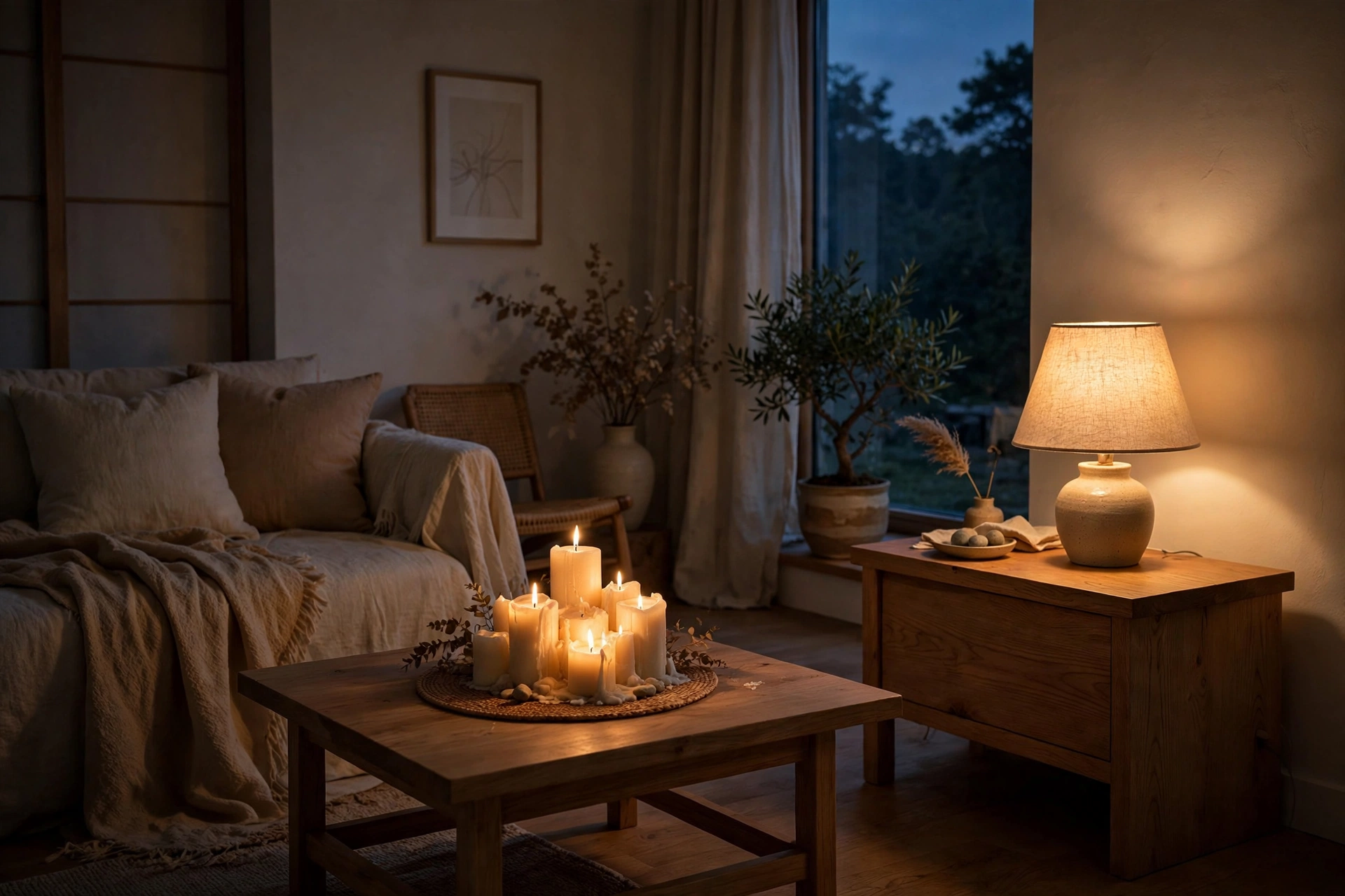 Warm layered lighting with table lamp and candles in Japandi living room at dusk