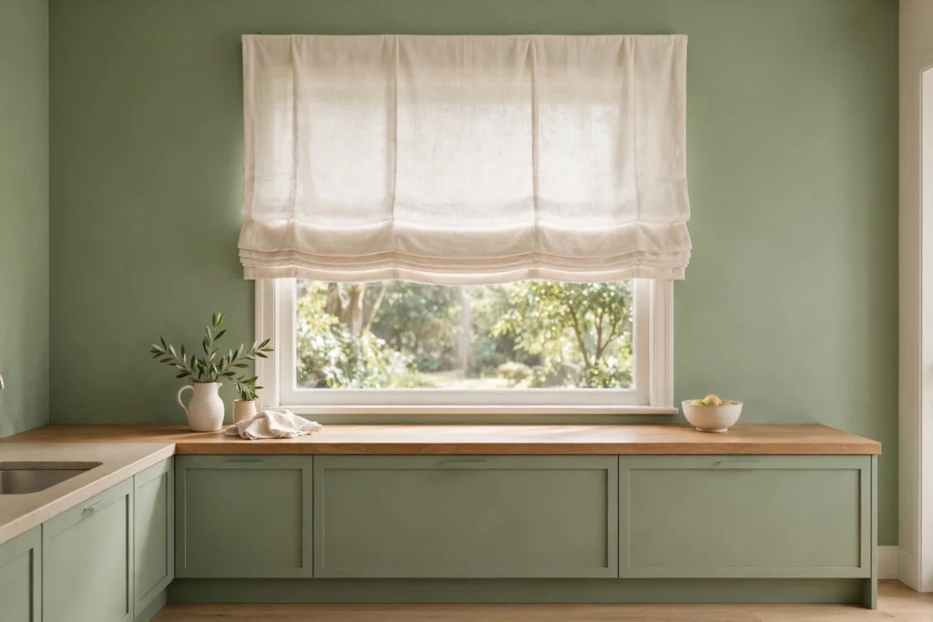 Linen roman shades in warm white on a bright sage green kitchen window