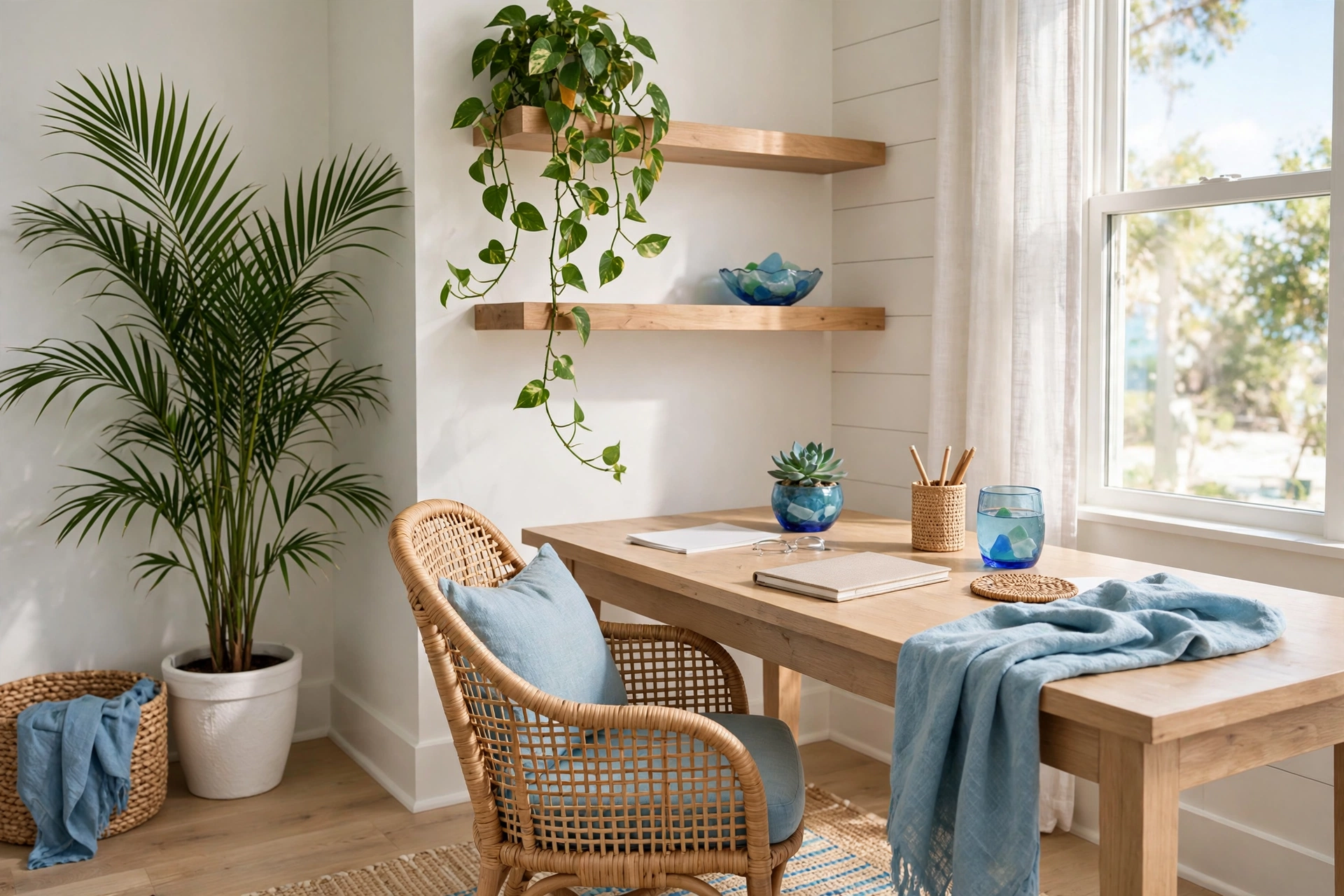A coastal home office with a tall palm in the corner, a trailing pothos, and a succulent on the desk.