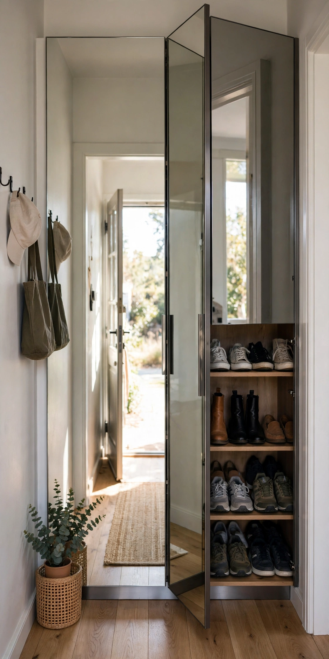 An entryway shoe storage cabinet with mirrored doors hiding shelves of shoes inside.