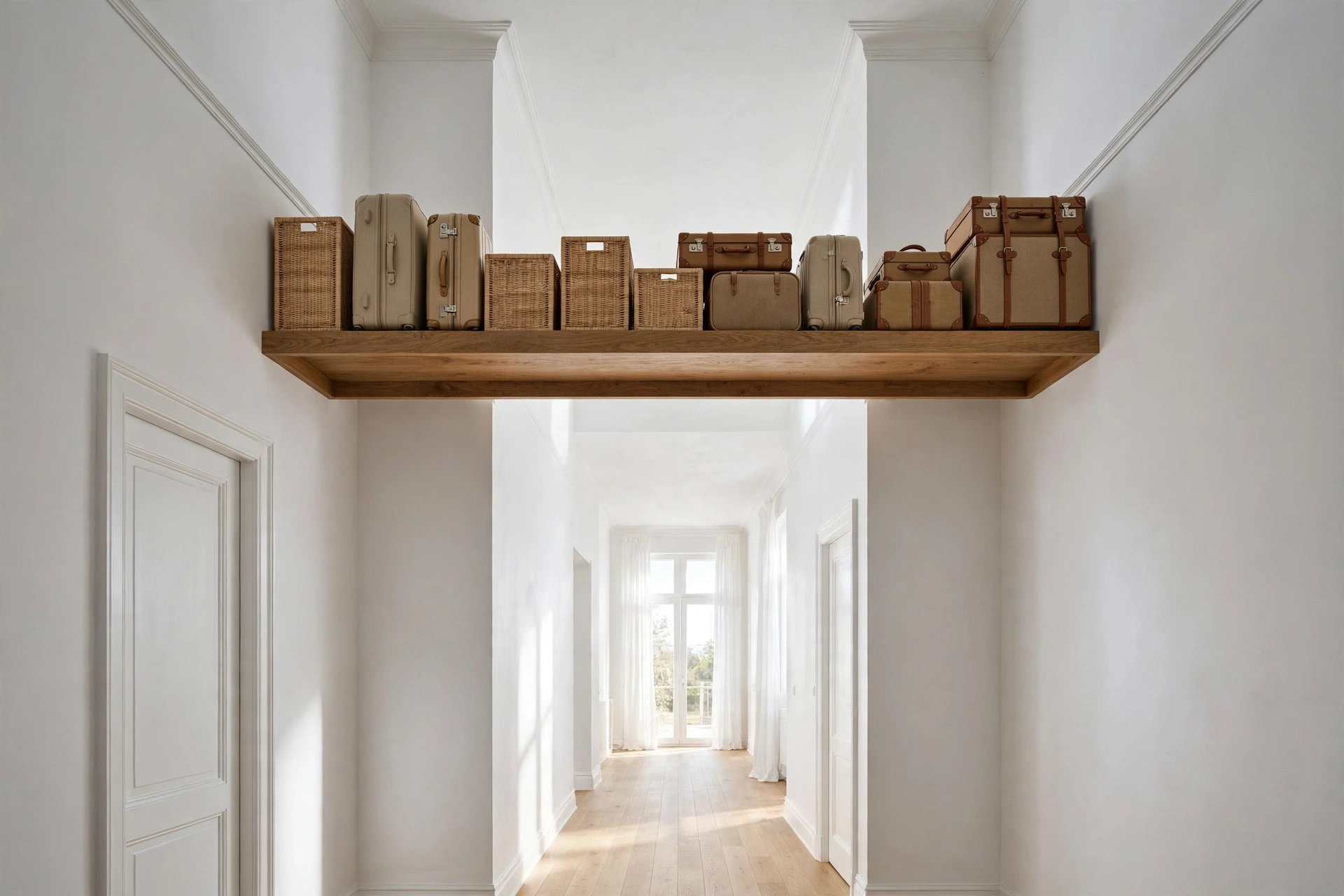 A hallway storage loft shelf spanning the corridor near the ceiling holding suitcases and bins.