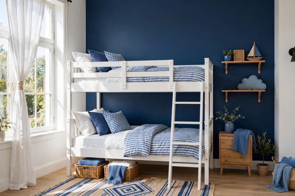 A bunk bed room with a deep navy painted accent wall behind the bunk beds.