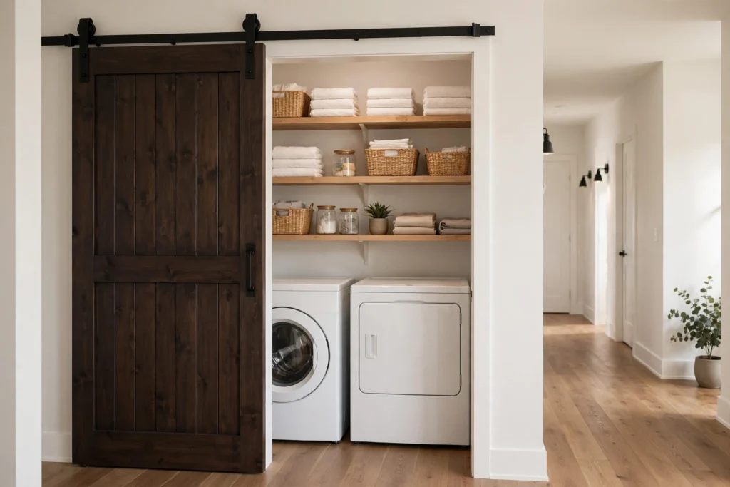 Laundry closet ideas featuring a sliding barn door on an exterior track opening to reveal an organized laundry closet.