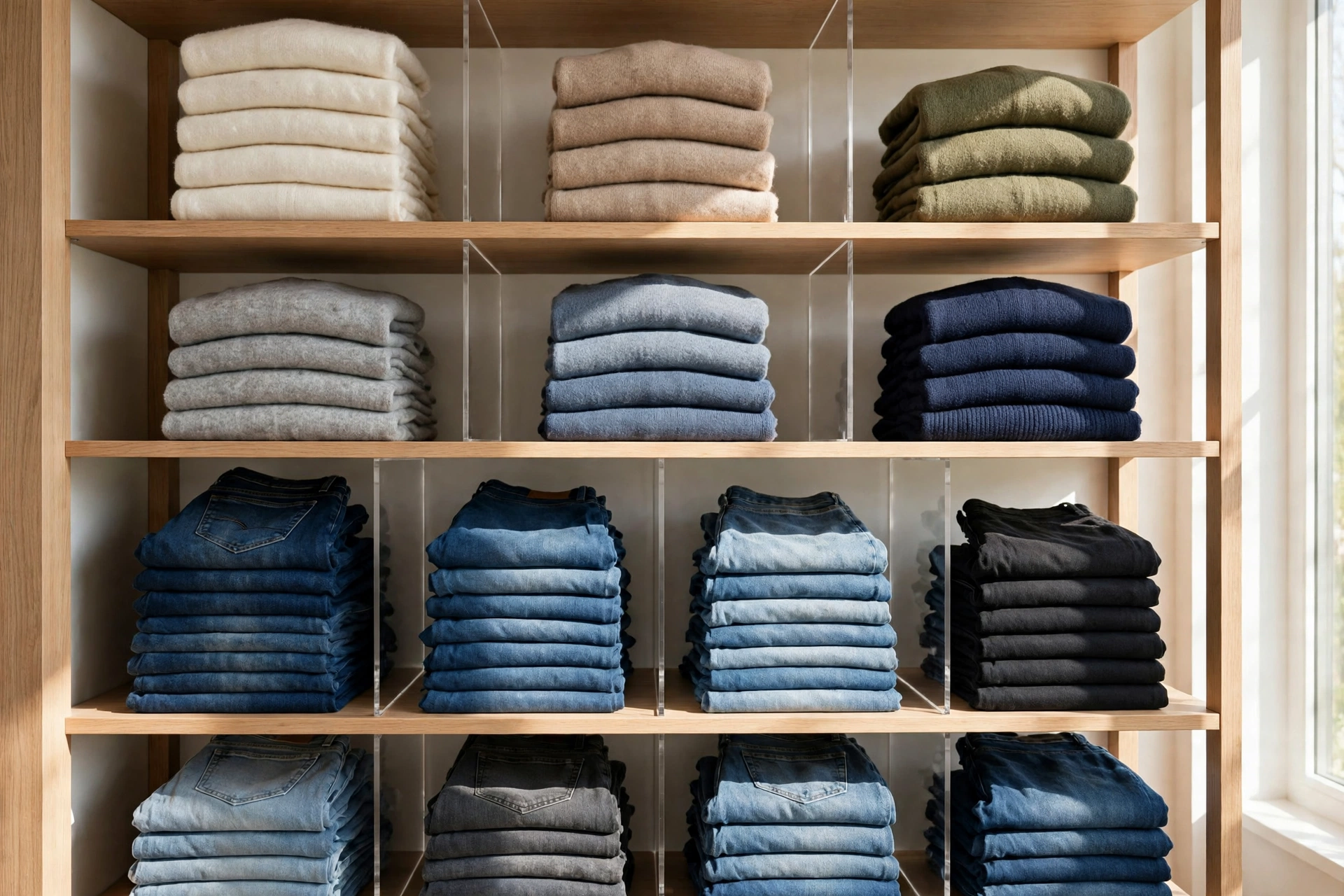 Reach-in closet ideas showing acrylic shelf dividers keeping stacks of folded jeans and sweaters upright.